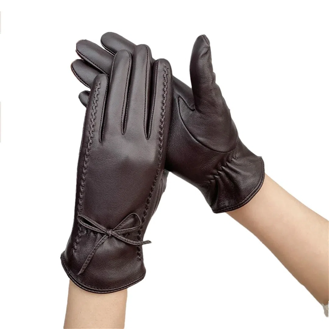 Guantes de piel auténtica para mujer, de invierno, con forro polar, térmicos, gruesos, de piel de oveja, guantes para pantalla táctil, color marrón, talla M, marrón, M