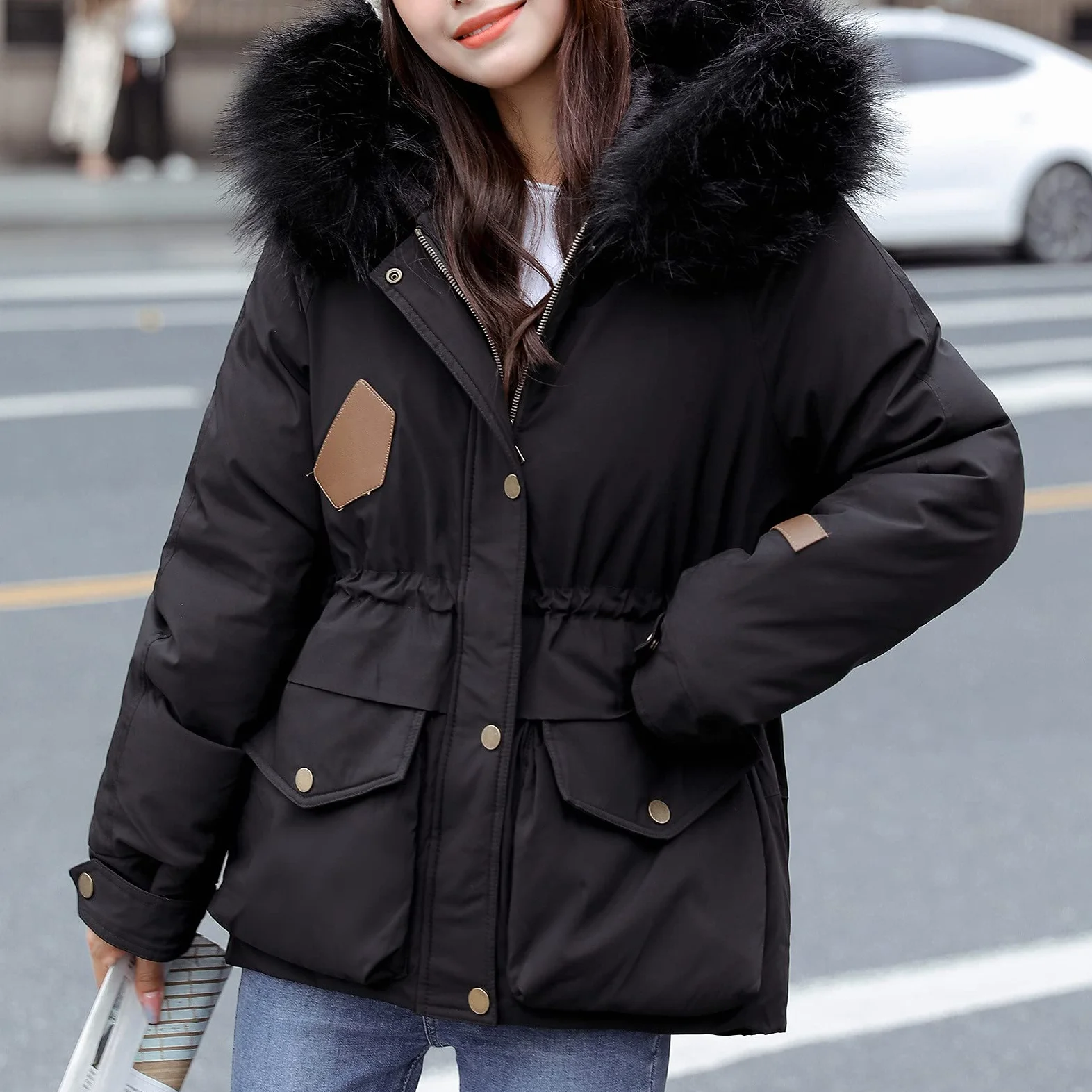 Chaqueta de invierno para mujer, moderna, cálida, acolchada, cortavientos, de piel sintética, parka con capucha, bolsillo corto, parka para exteriores, cortavientos, M - XXL