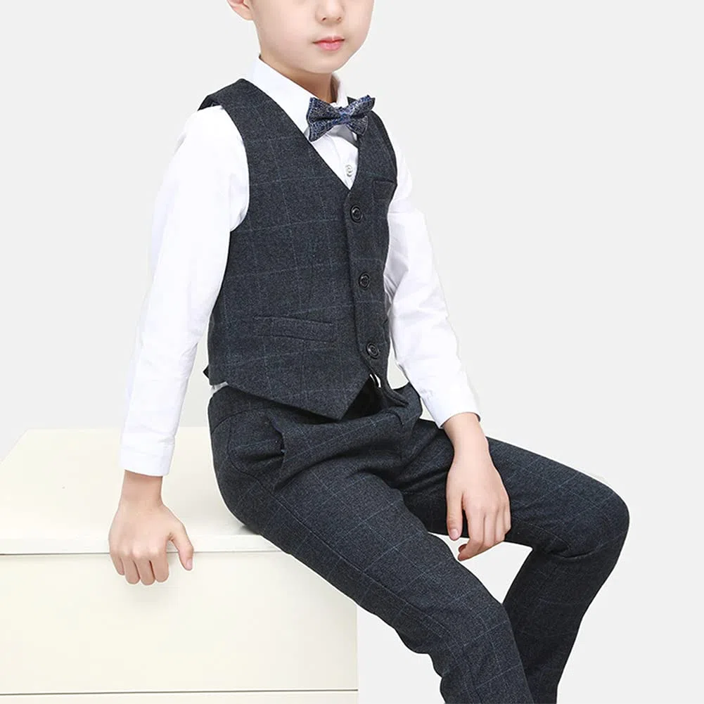 Conjunto de Traje a Cuadros Niños Traje de Fiesta de Bodas,6 Piezas Trajes Blazer+Camisa+Chaleco+Pantalones+Pajarita+Pañuelo de Bolsillo,Chicos Traje Formal para Ceremonio Bautizo Graduación Esmoquin