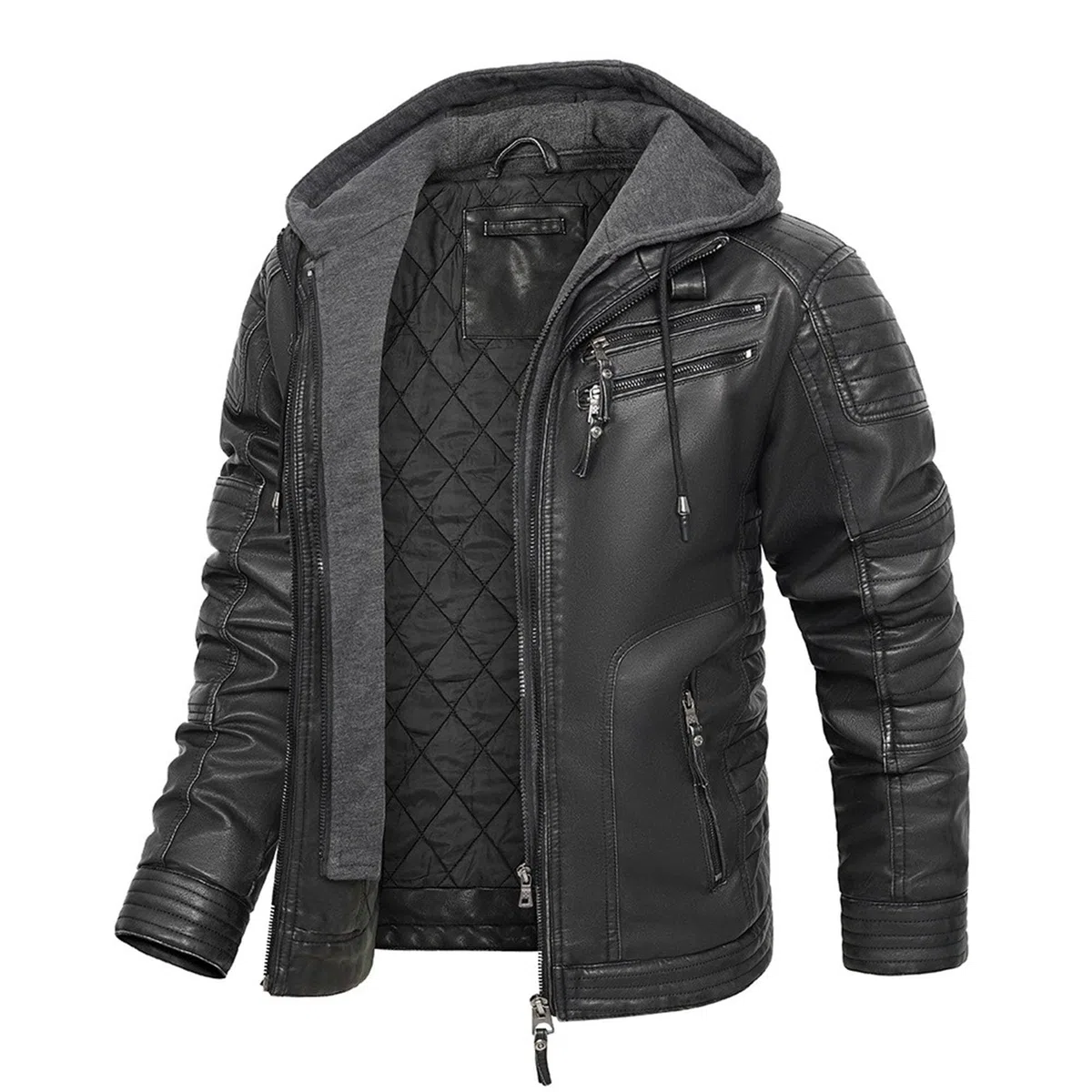 Chaqueta de motociclista retro de piel sintética para hombre, con cuello alto, cremallera y capucha extraíble, ropa abrigo informal