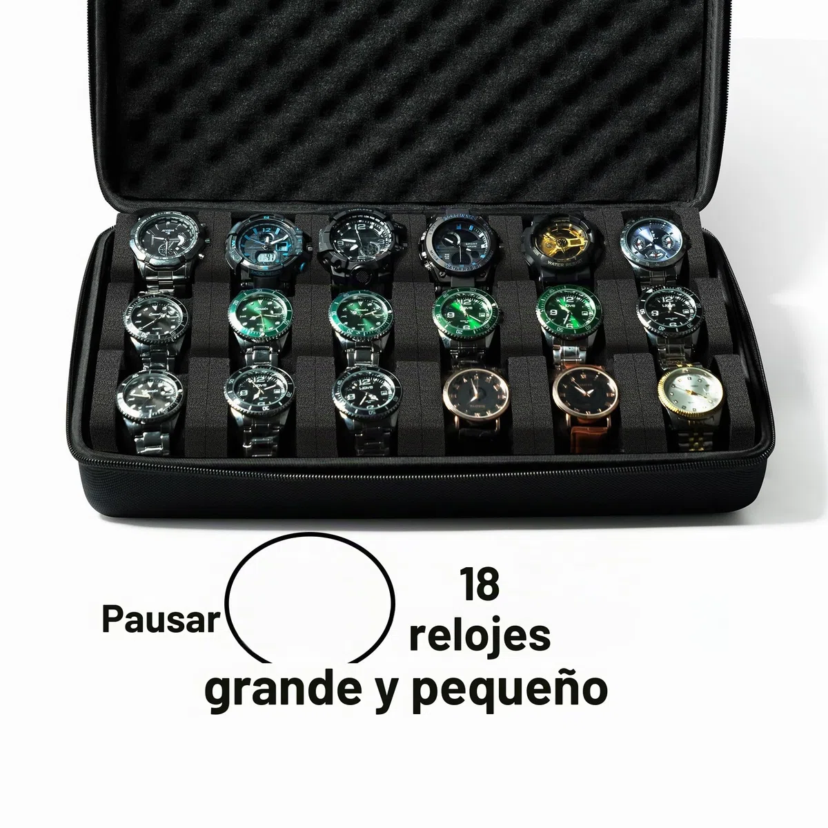 Maletín rígido de viaje y almacenamiento, caja de almacenamiento para relojes para presentación y organización (18 compartimentos acolchados)