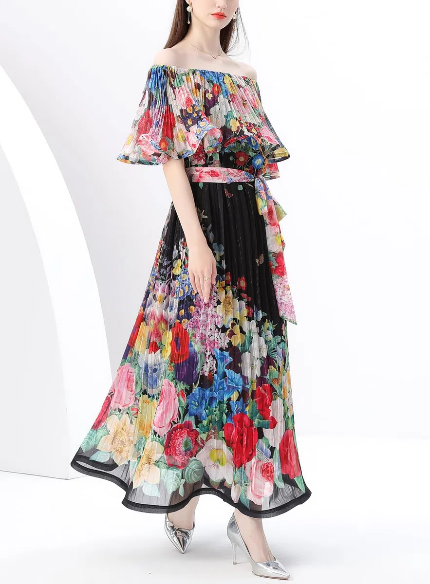 Elegante vestido largo con hombros descubiertos y estampado floral para mujer, para verano, casual, playa, vestido largo