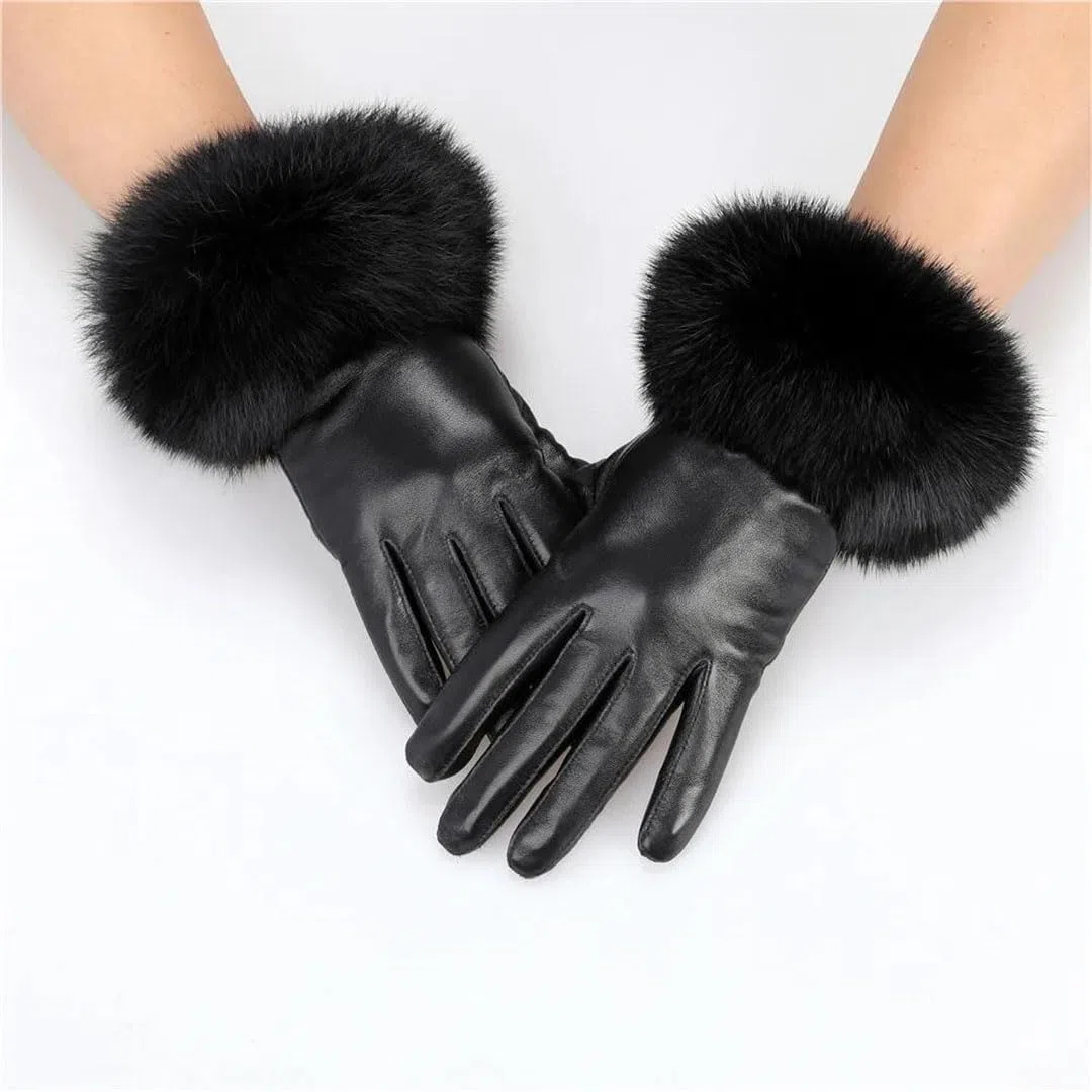 Guantes de cuero para mujer con puños de forro polar, guantes térmicos con forro polar para pantalla táctil, resistentes al viento, ciclismo, conducción, correr