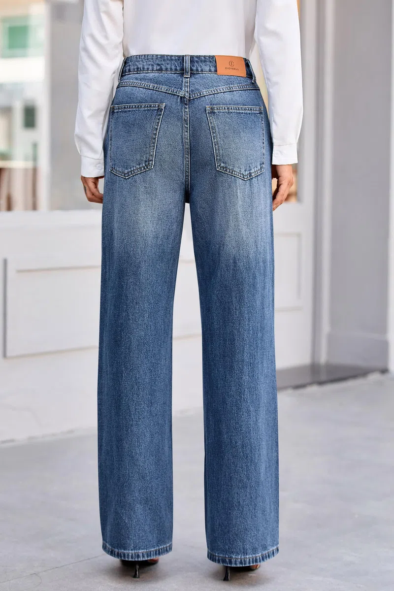 Cicy Bell Pantalones vaqueros de cintura alta para mujer, pantalones vaqueros holgados, pantalones de mezclilla tipo boyfriend con pierna ancha y bolsillos