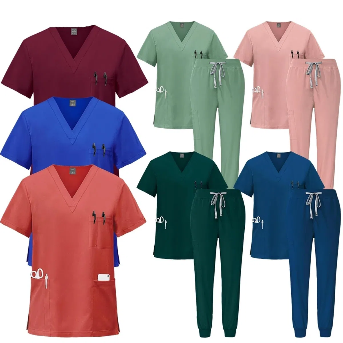 Uniforme Sanitario Unisex Uniformes médicos, Ropa de Trabajo enfermería, Camiseta con Cuello en V y Bolsillo, Pantalones Deportivos, Conjunto Uniforme quirúrgico clínico(Dark Green,L)