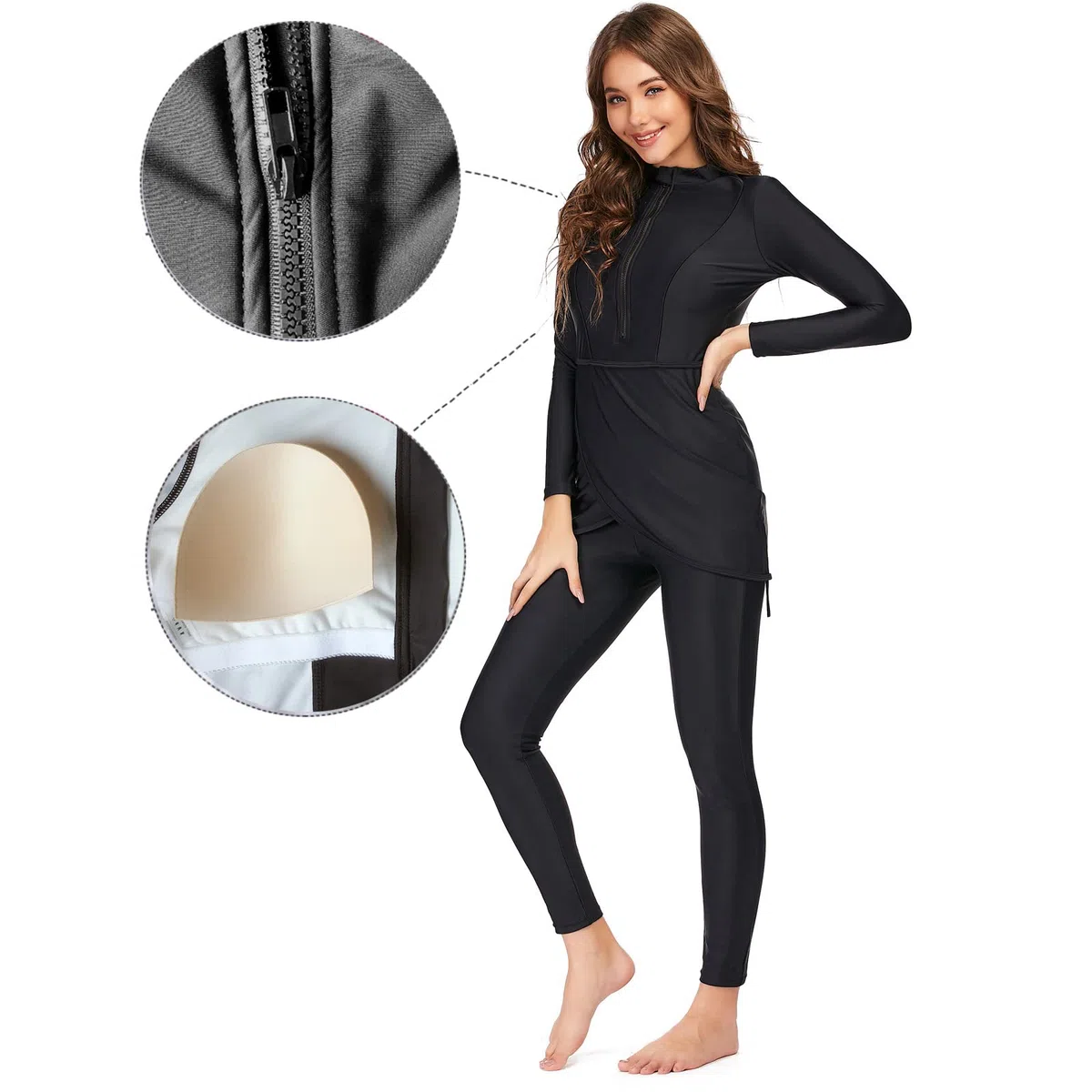Odizli Trajes de baño musulmanes para mujer, Burkini, modesto, traje de baño de manga larga, estampado floral, brasier integrado, tops de natación + traje de baño Hijab
