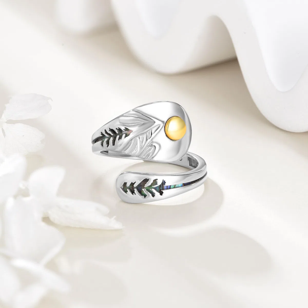 VONALA Anillo de cuchara de plata de ley 925 con concha de abulón vintage, anillo abierto ajustable, regalo para la familia