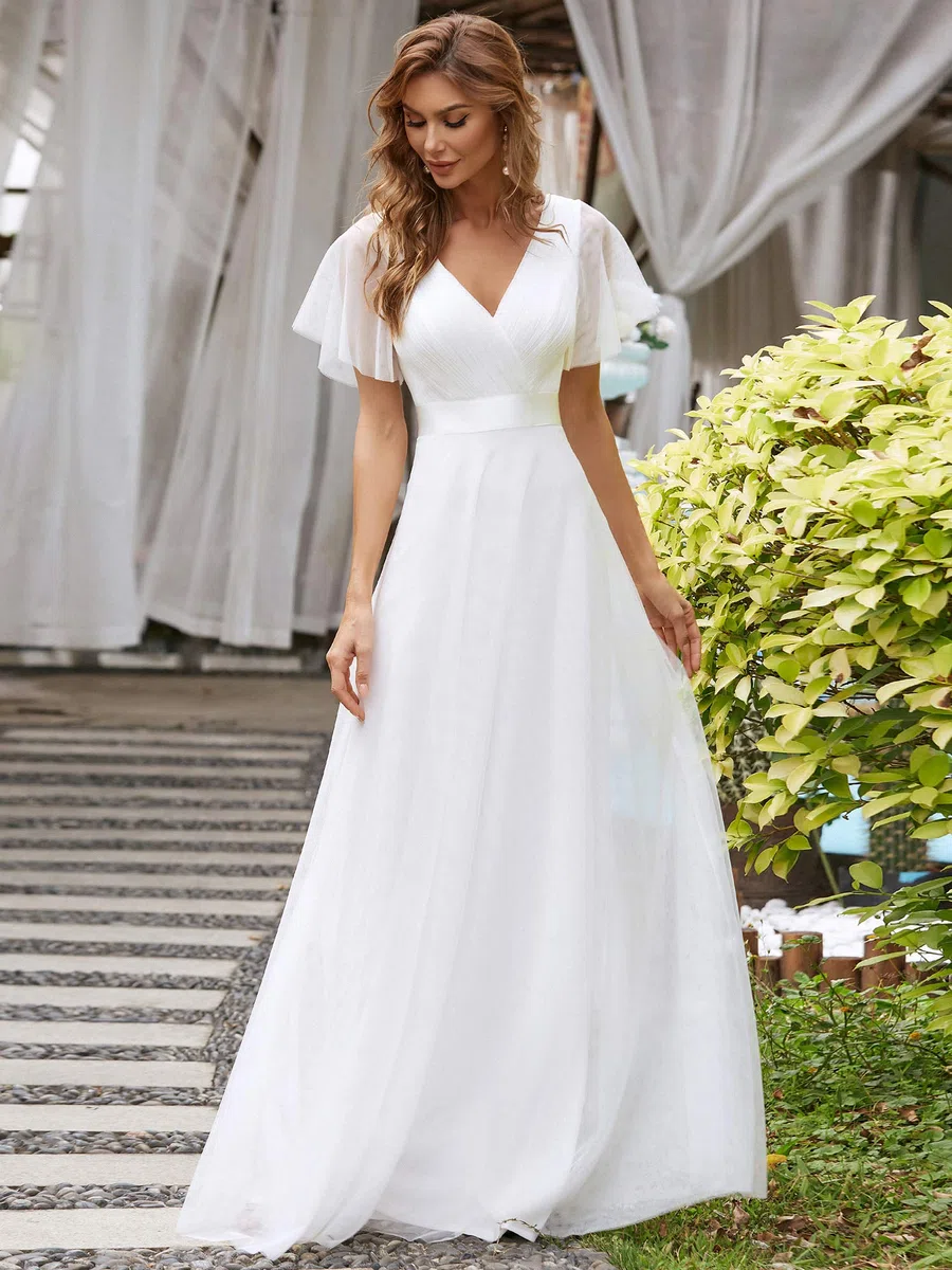Ever-Pretty A-línea Tul Vestido de Noche Manga Corta Cuello en V Largo para Mujer 07962