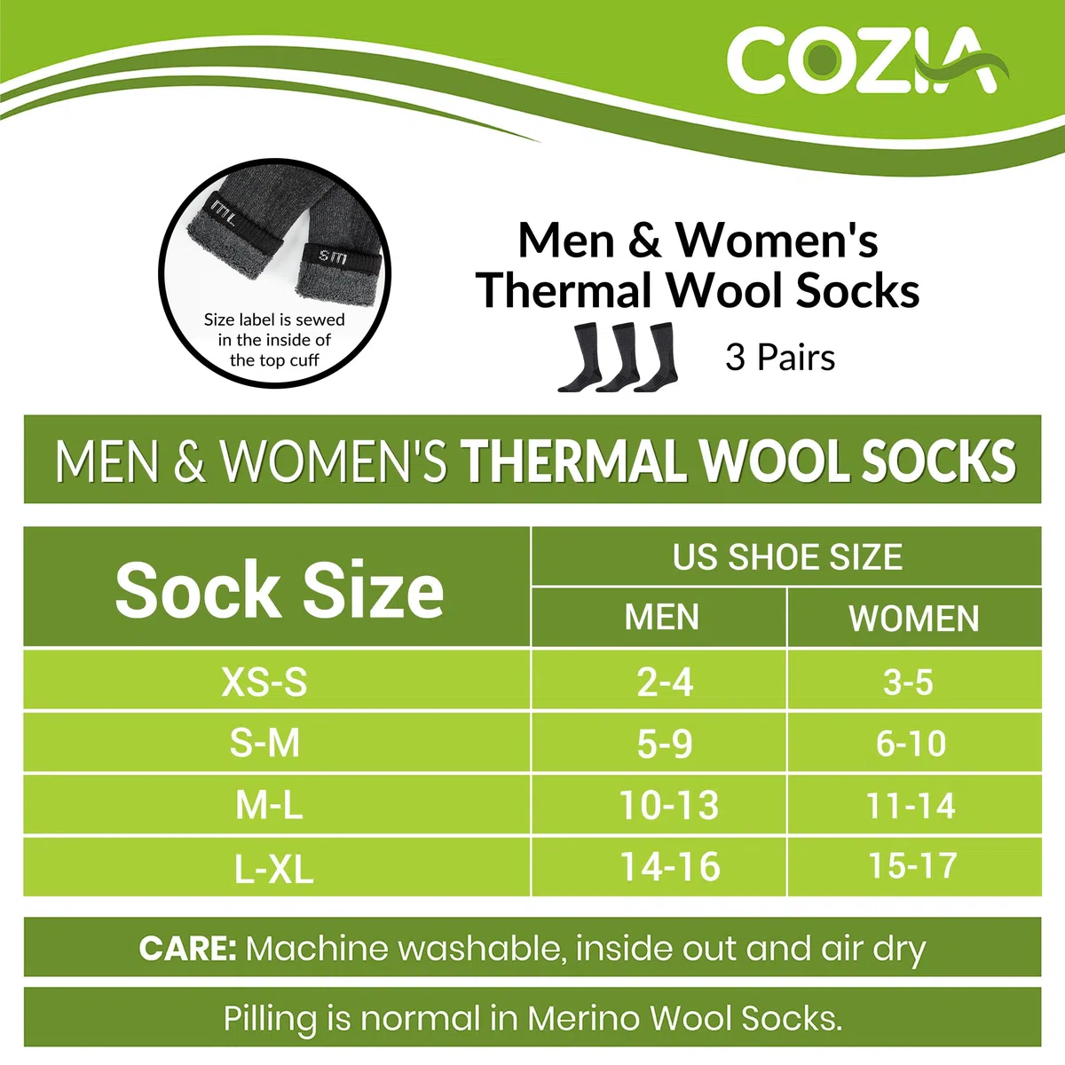 COZIA Calcetines de lana merino para hombre y mujer, calcetines térmicos cálidos para botas de senderismo, 3 pares