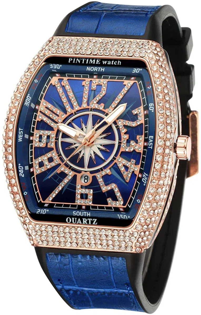 FANMIS Reloj de pulsera para hombre, diseño de calavera grande, rectangular, punk, esfera de diamante, correa de cuero, calendario, de cuarzo, deportivo, Rosa azul, Reloj rectangular punk con