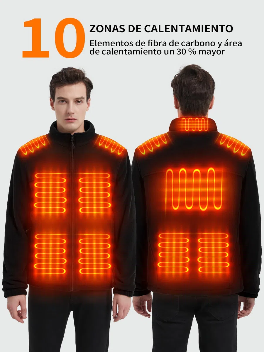 Chaqueta Calefactable Hombre con Bateria 18400 mAh, Chaqueta Termica Polar Abrigo Cazadora Ropa Calefactables Hombre Chaquetas con Calefaccion Invierno, 10 Zonas de Calentamiento