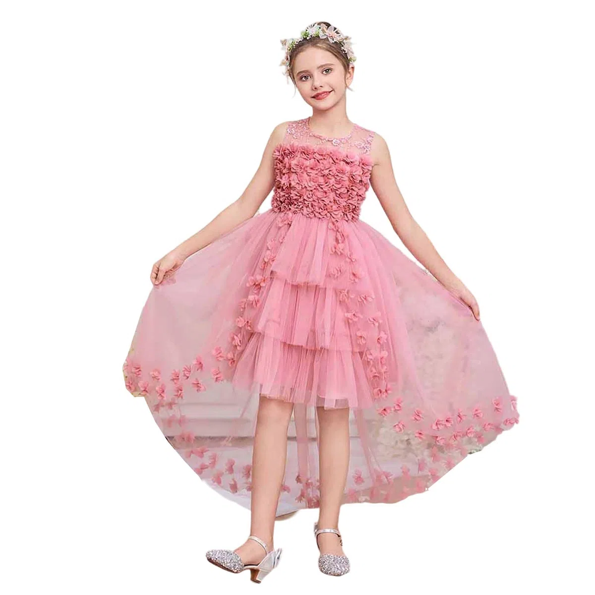 Vestidos para niñas: Elegante Vestido con Cola Floral 3D Fiesta Informal Edades de 7 a 12 años, Encaje, Ligero y Bordado, Ideal Uso Diario, Tendencia Infantil Estilo Casual # L