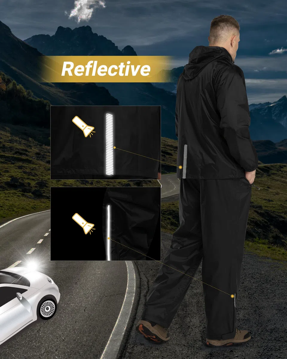 Traje impermeable reflectante para hombre, impermeable al aire libre, chaqueta de lluvia a prueba de viento+pantalones de lluvia transpirable para pesca, senderismo, camping