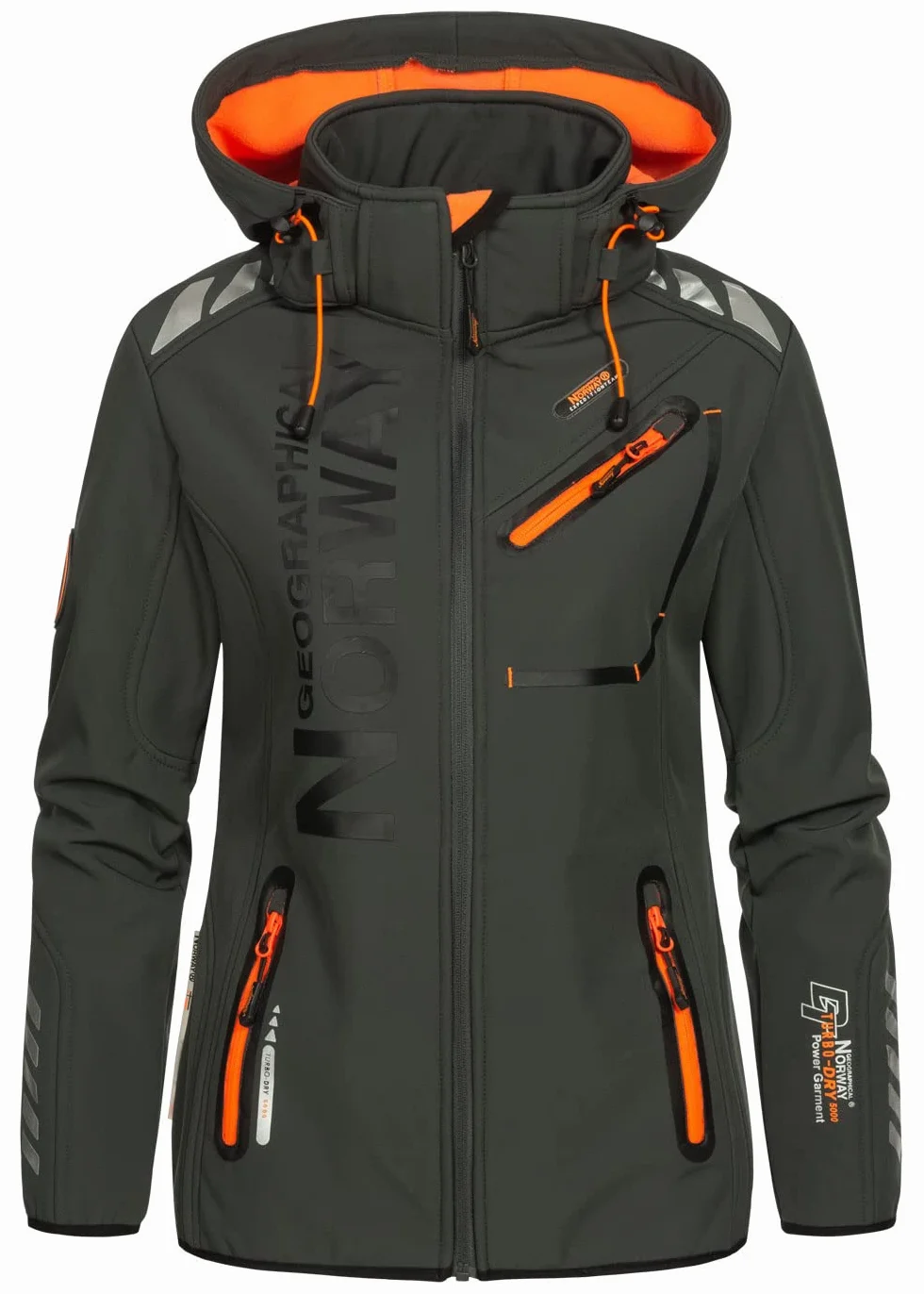 Geographical Norway Reine Lady - Chaqueta Softshell Mujer Impermeable Capucha - Abrigo Polar Cortavientos - Cazadore Aire Libre Deporte Esquí Invierno Primavera (Gris Oscuro Naranja M)