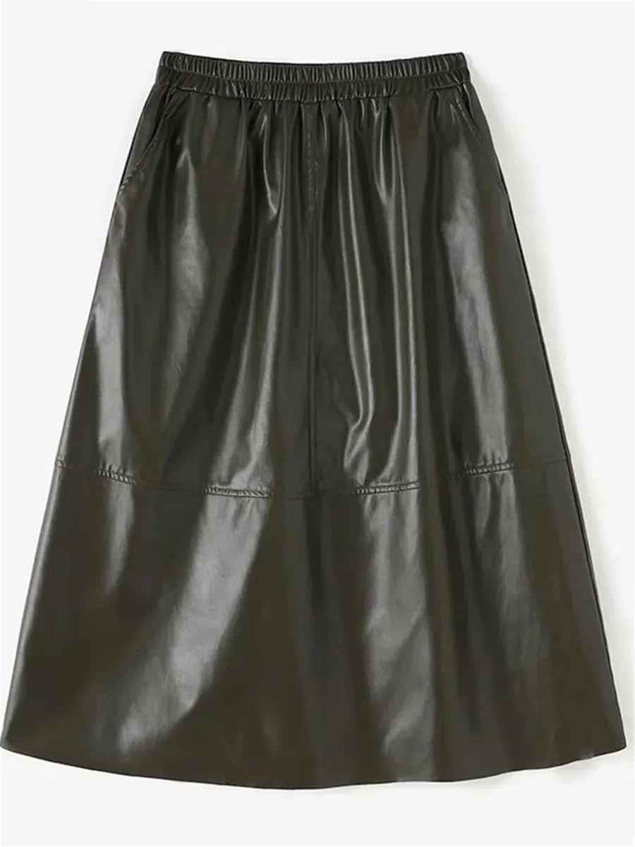 Wjnvfioo Elegantes faldas maxi de mujer cintura alta elástica falda de fiesta femenina vacaciones trabajo PU cuero faldas sueltas