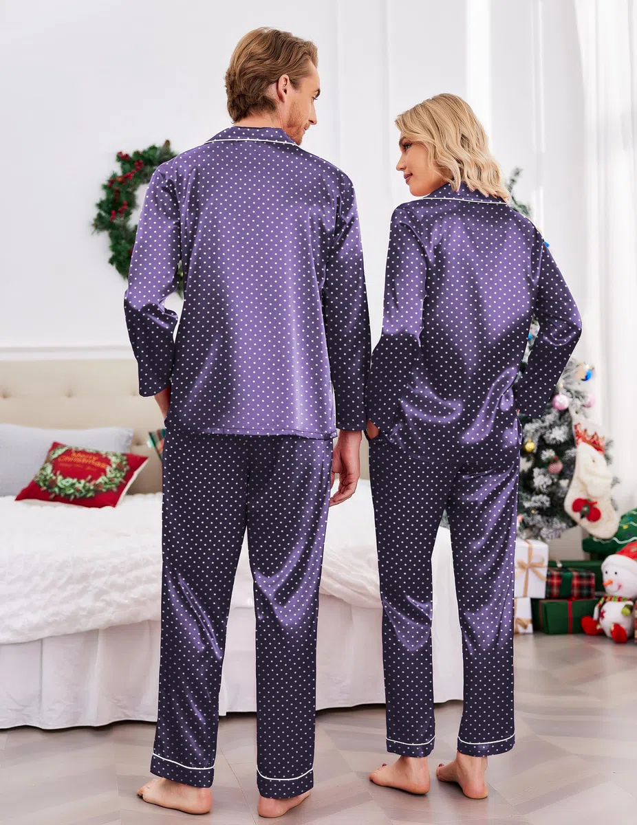 Ekouaer Pijamas a juego para parejas, de seda, de manga larga, de satén, suave, con botones, tallas S-XXL, blanco, azul marino (Navy White Polka Dots), Small