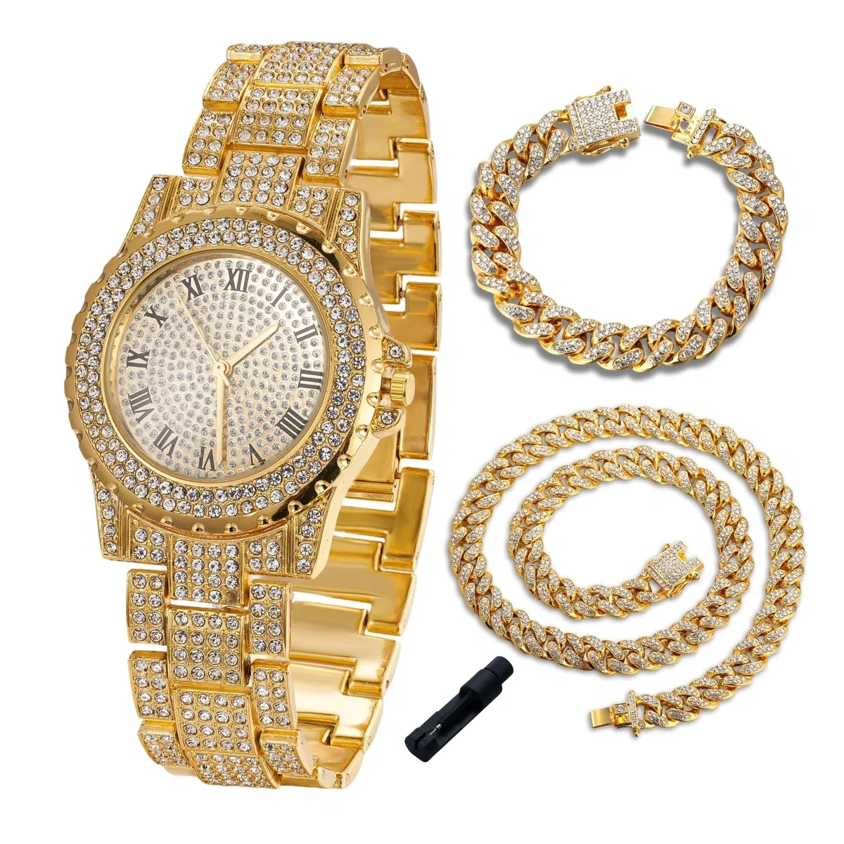 HALUKAKAH Reloj de Oro con Diamantes para Niños,Adolescentes - Chapado en Oro 18K/Platino,Esfera Redondo 39mm,Cuarzo Japonés - Longitud 19cm - Opcional con Cadena Cubana,Herramienta de Ajuste Incluye