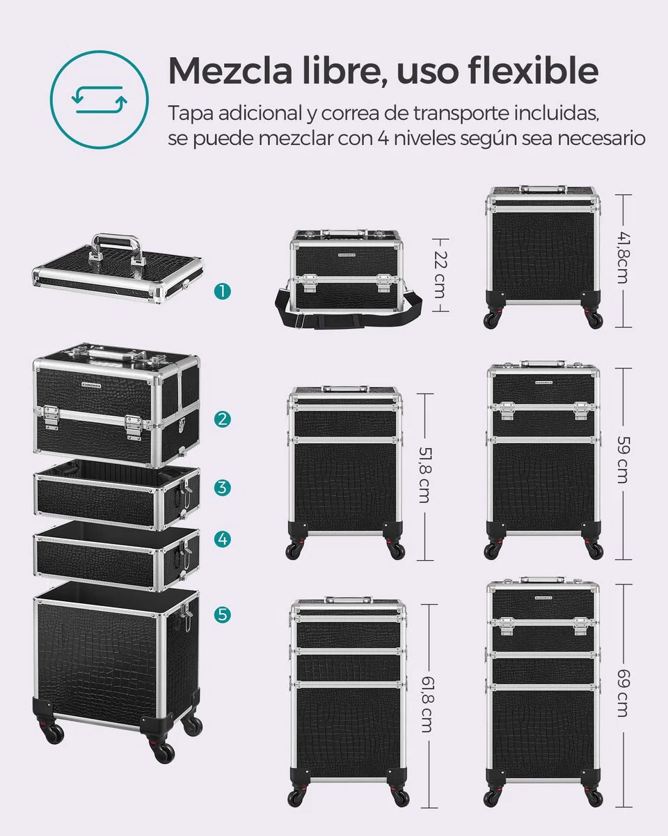 SONGMICS Maleta de Maquillaje Profesional, Maletín para Cosméticos 4 en 1, Extra Grande, Maletín de Peluquería, Con Tapa, 35 x 25 x 79 cm, Cerradura, Ruedas 360°, para Viaje, Regalo, Negro JHZ06B