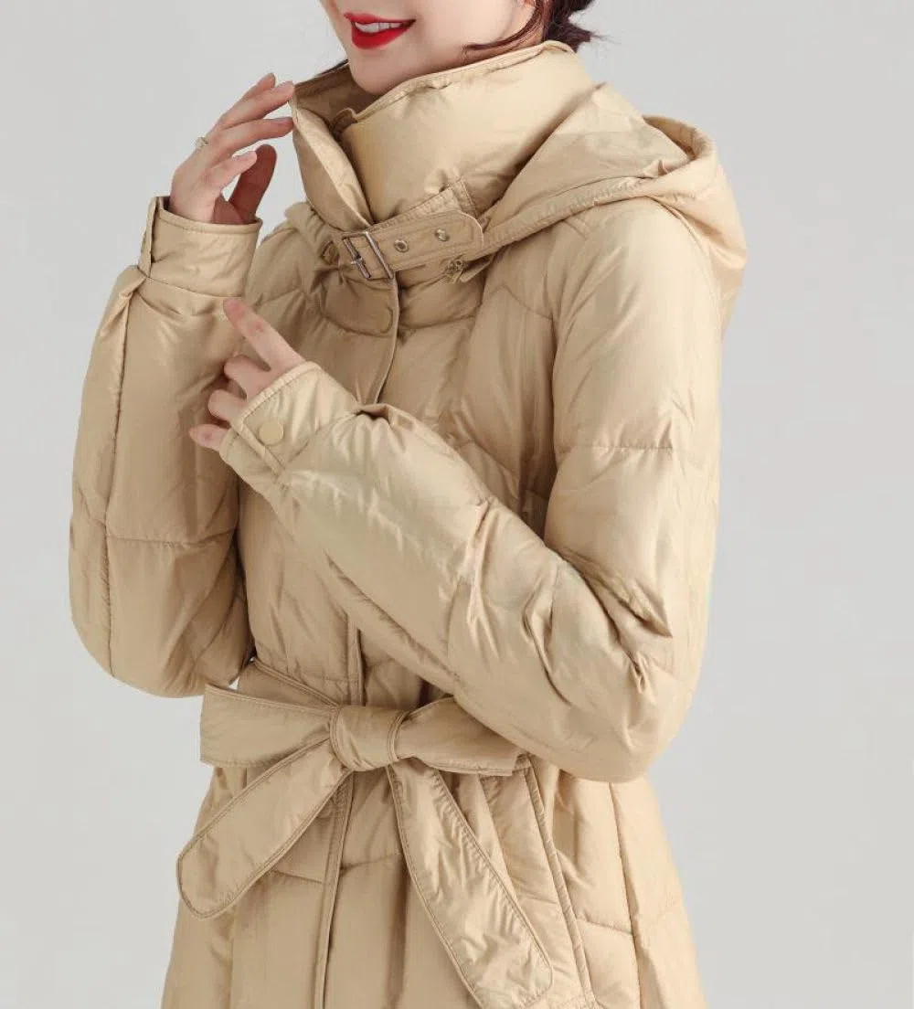 BrOleo Abrigo De Plumas con Capucha para Mujer Chaqueta Larga De Invierno,Chaqueta De Plumas Ligera con Cinturón Abrigo con Capucha Ropa De Abrigo Repelente Al Viento Regalos para Caminar Al Aire Li