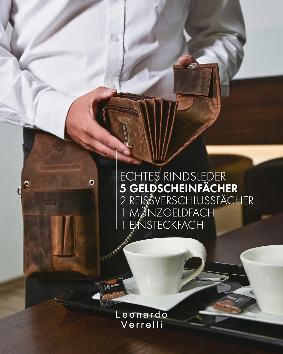 Cartera de camarero de piel | Monedero para gastronomía con trabilla para cinturón | Monedero para operaciones hombre y mujer, marrón, 28x14, Clásico