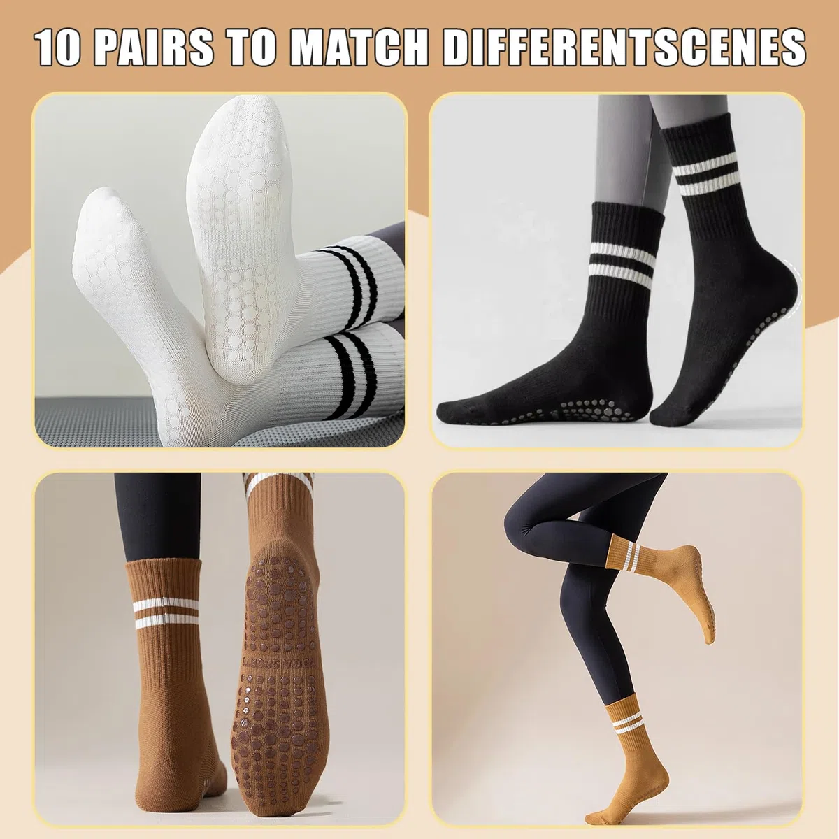10 pares de calcetines largos antideslizantes con agarres para mujer, yoga, barra pura, ballet, entrenamiento, baile, 10 pares