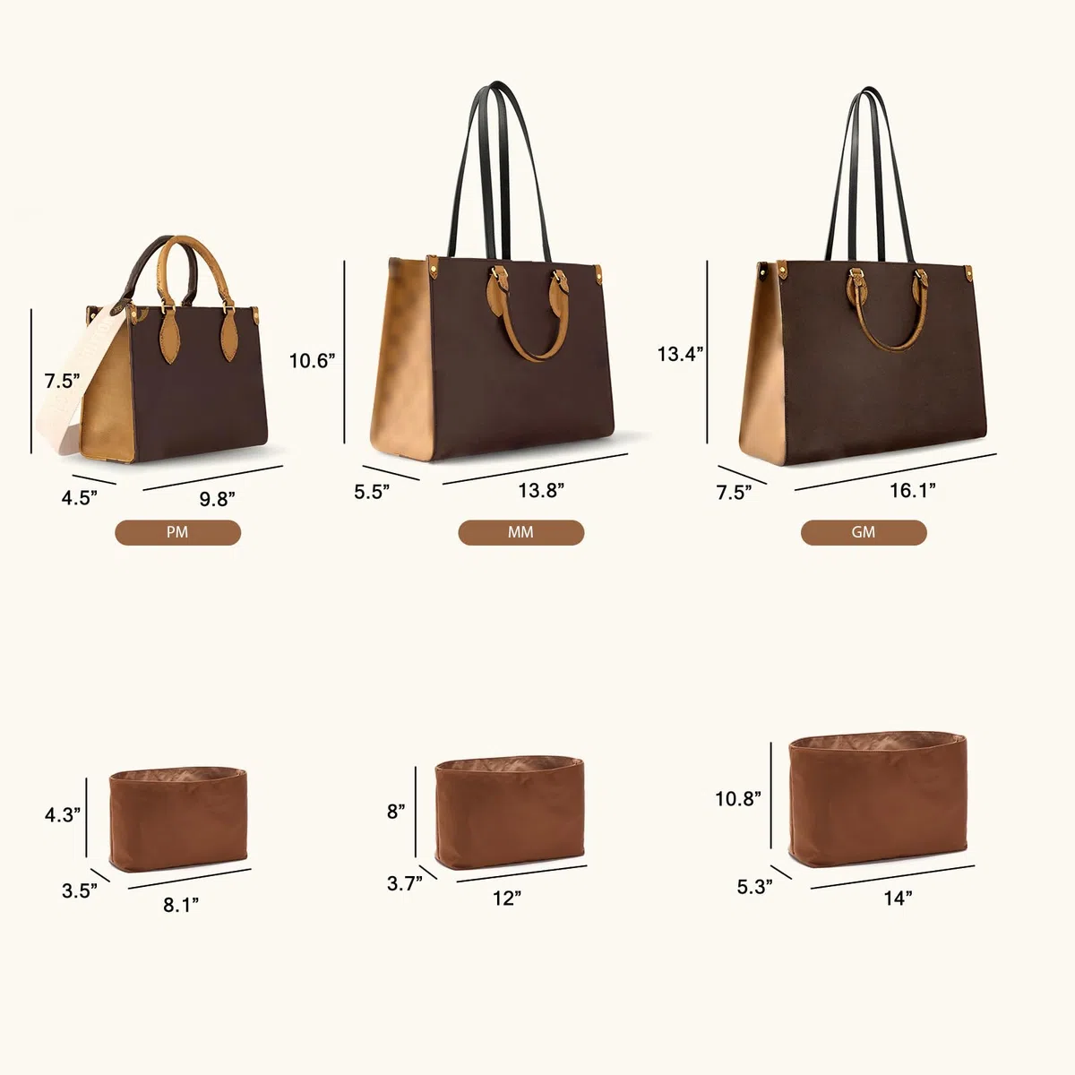 Organizador impermeable para bolso LV On The Go (marrón, grande, GM)