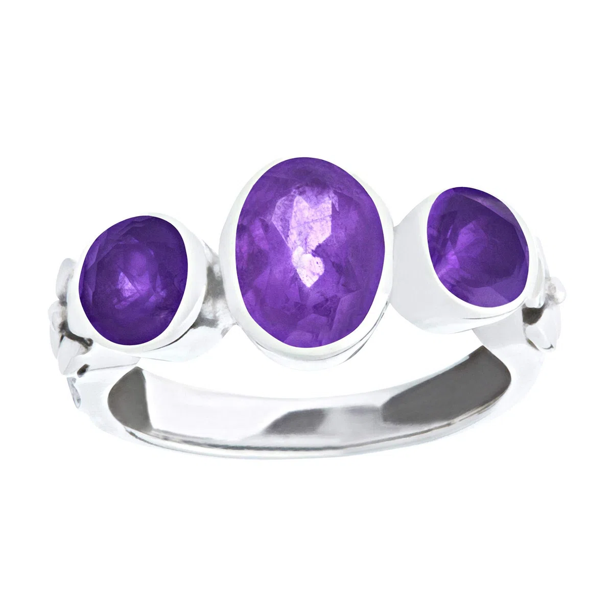 81stgeneration Anillo de Trilogía de Amatista Ovalada en Plata de Ley para Mujer | Anillo de Cristal Morado Facetado en Plata 925 | Anillos Bohemios con Triple Piedra Preciosa