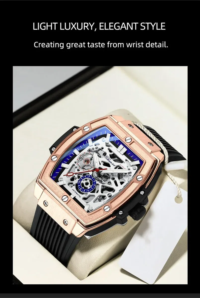 Reloj cuadrado cuadrado mecánico automático de alta calidad con cinta de silicona hueca impermeable y luminoso para hombre, Oro Rosa, Negocios