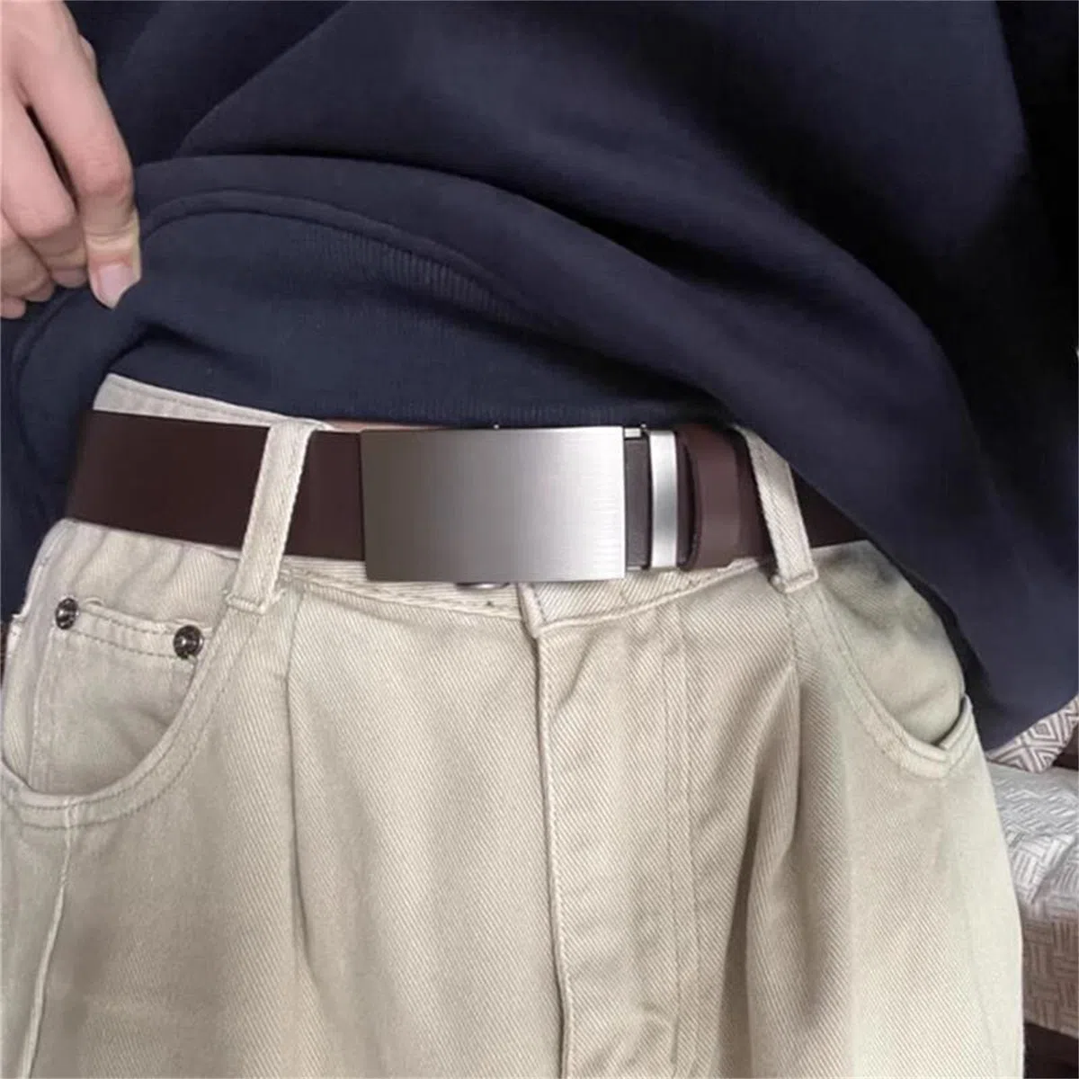 Cinturón de trinquete de cuero genuino para hombre, hebilla automática, cintura ajustable