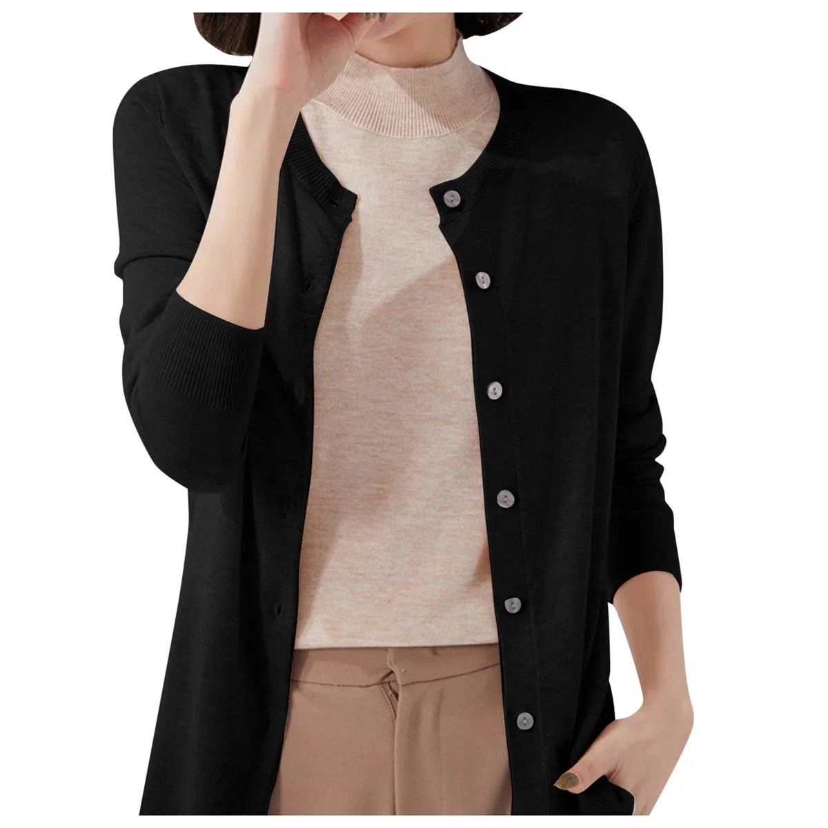 Generisch Cárdigan de punto para mujer, ligero, corte ajustado, chaqueta de punto de manga larga con cuello redondo y parte delantera abierta