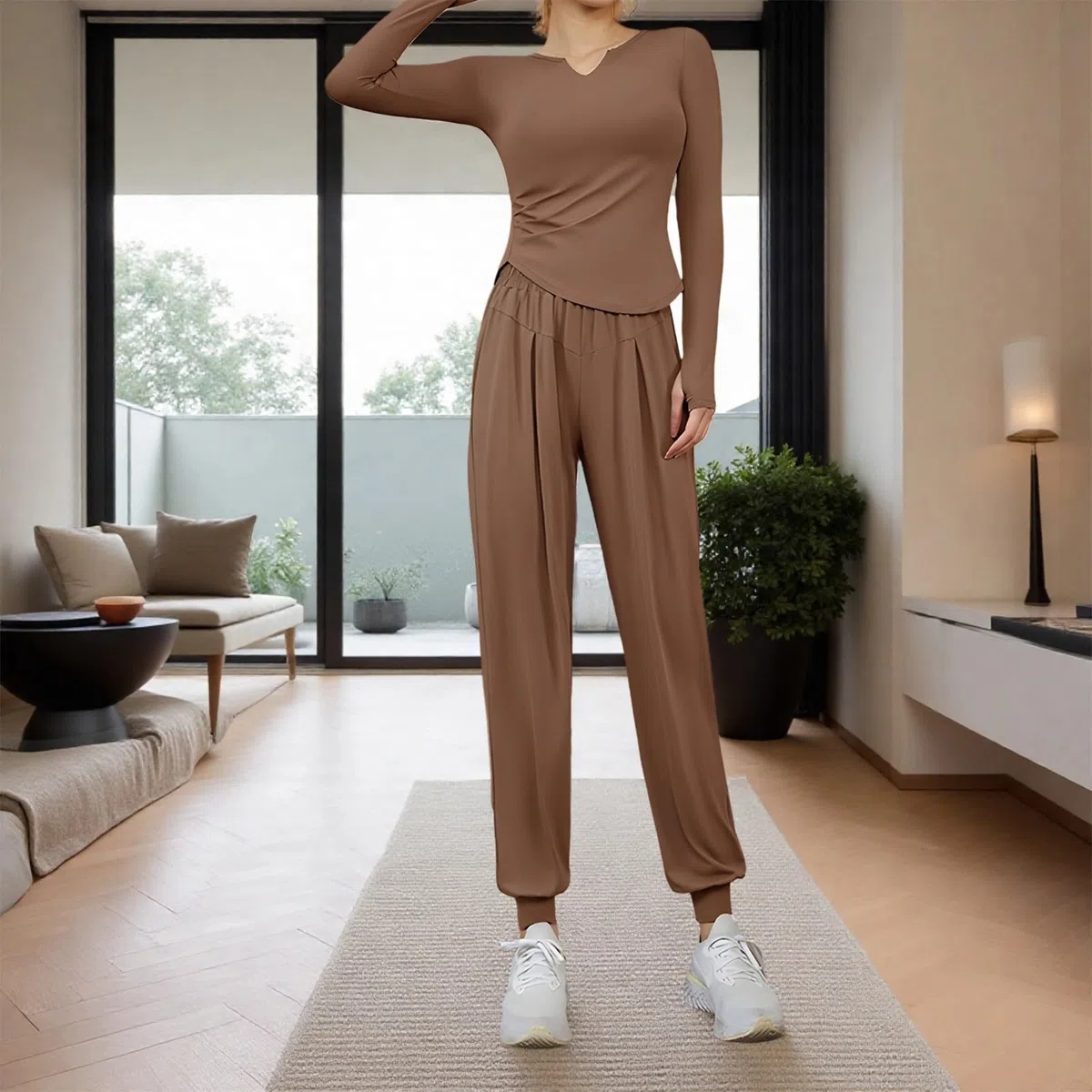 Conjunto de entrenamiento de manga larga para mujer, 4 piezas, poliéster y elastano, tela transpirable, tamaño XXL, ideal para fitness y looks casuales, marrón, Talla única