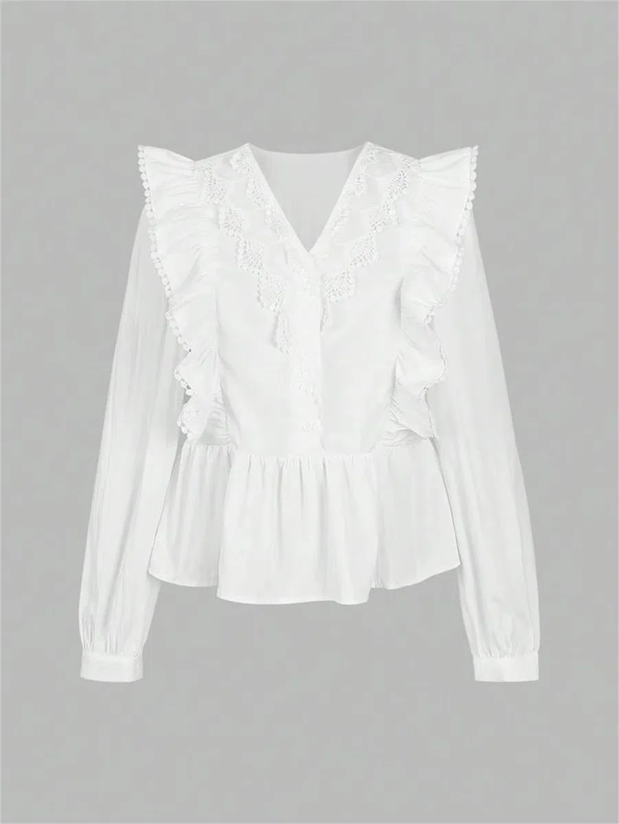 Genérico Blusa de Gasa con Cuello en V y Volantes de Manga Larga con Encaje y Patchwork para Mujer, Elegante Blusa de Oficina (Color Burdeos Mediano)