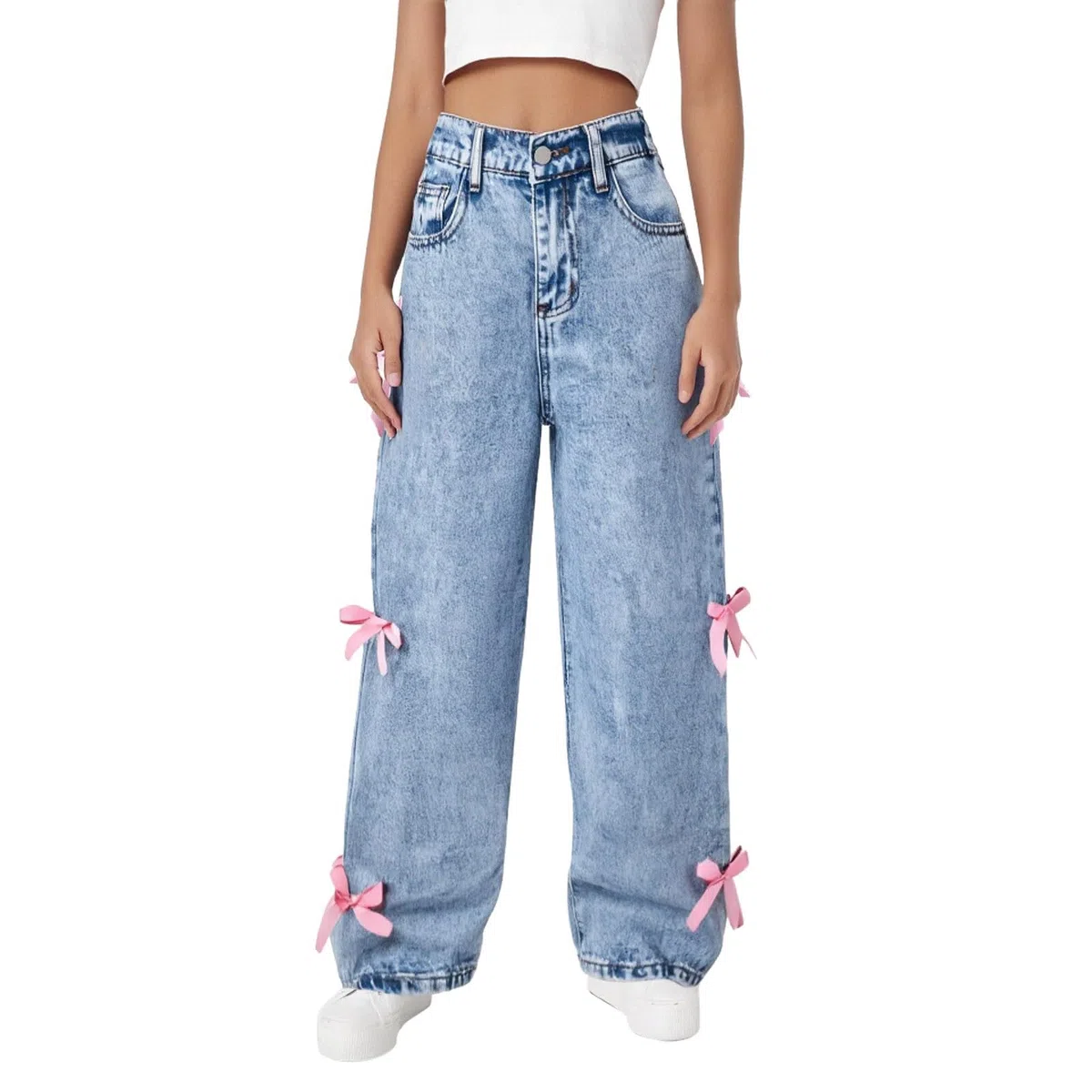 Pantalones para NiñAs-Pantalones Vaqueros Holgados De Pierna Ancha para NiñAs, Pantalones De Mezclilla con Cintura Alta EláStica, Lindos Pantalones con Lazo, Ropa De Calle Informal para NiñOs