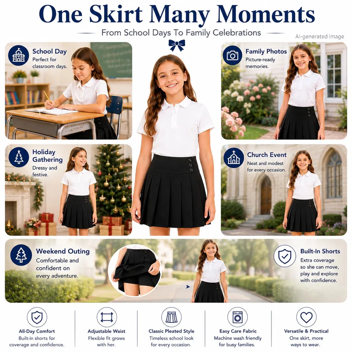 Bienzoe Falda de uniforme escolar para niñas: falda plisada de cintura ajustable para niños, negro, 13-14 Years