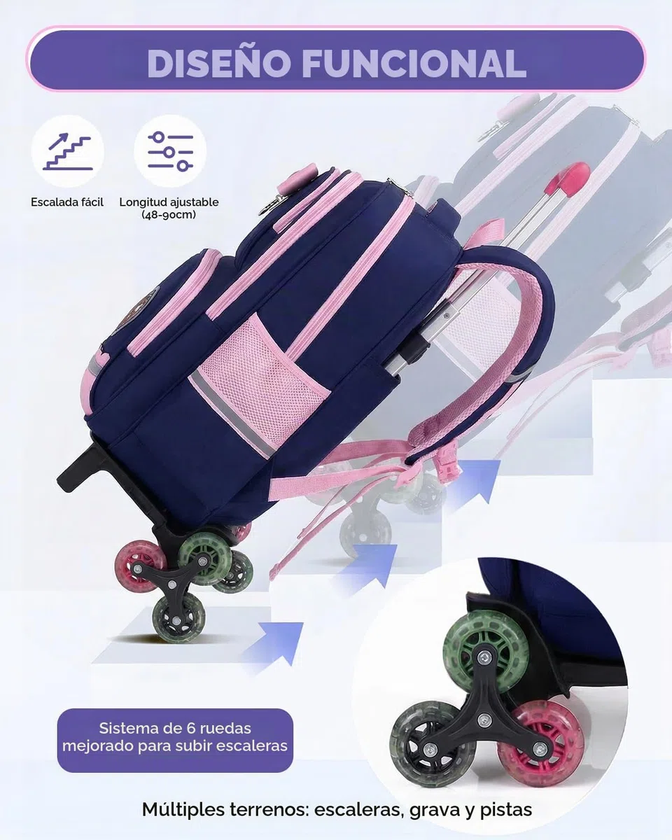 Amythe Mochila Ruedas para Niña Primaria con Bandas Reflectantes, Azul | Mochilas Carro Extraíble 6 Ruedas, Mochila Colegio Niñas 6 a 10 Años, Hidrorrepelente, con Correa Pectoral, Vuelta al cole