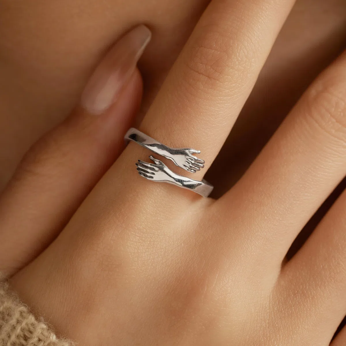 LOVECOM Anillos de abrazo de plata de ley S925 para mujeres, adolescentes, niñas, ajustables, abrazar, anillo abierto para hombres, anillos de promesa, joyas de cumpleaños, regalo para papá, US Size 6