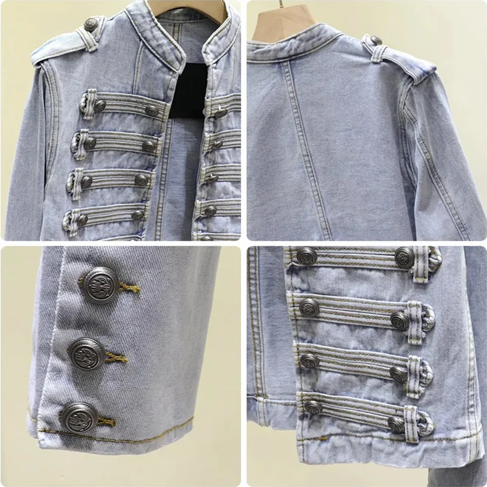 Hndudnff Chaquetas de mezclilla con cuello alto militar para mujer, chaqueta de mezclilla corta de doble botonadura
