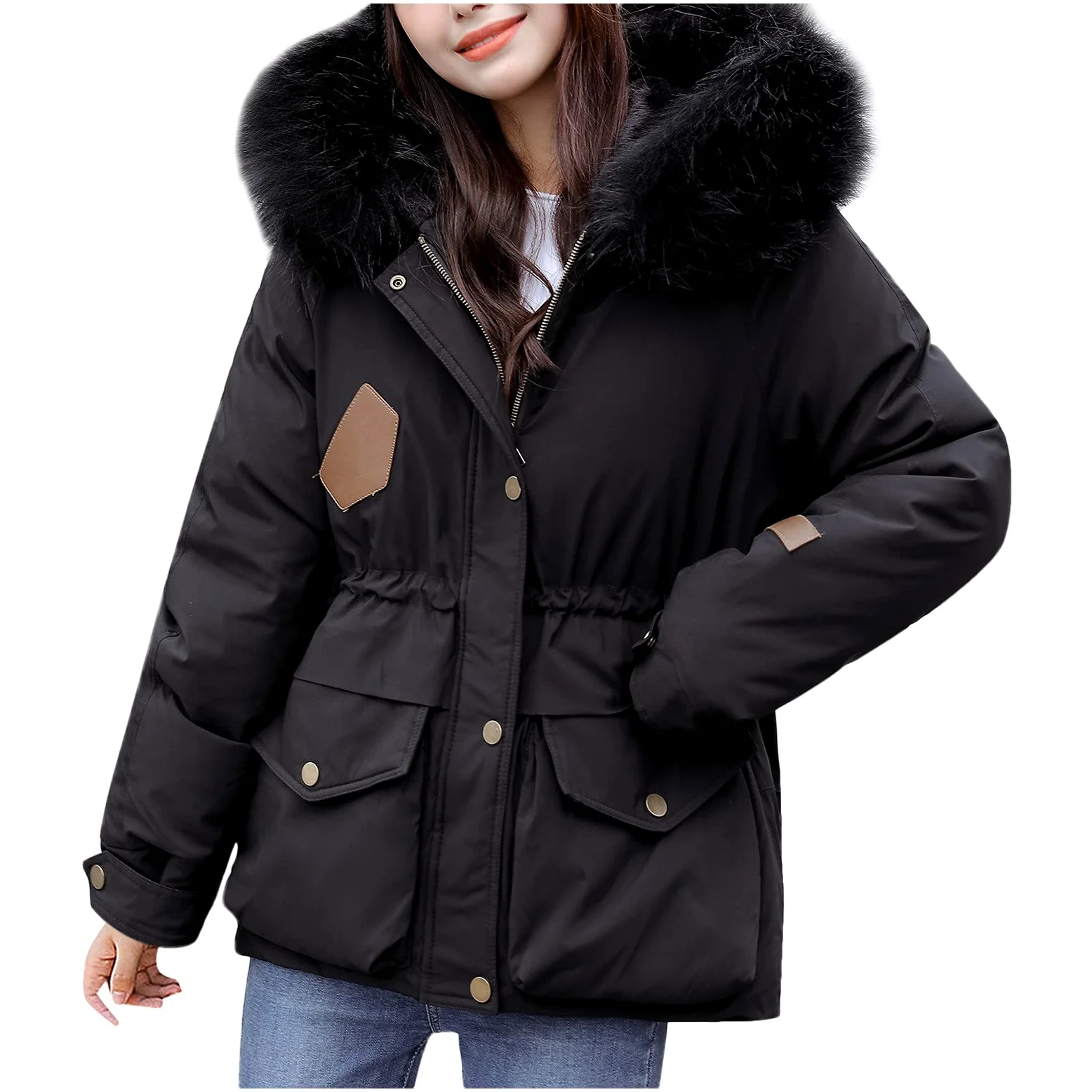 Chaqueta de invierno para mujer, moderna, cálida, acolchada, cortavientos, de piel sintética, parka con capucha, bolsillo corto, parka para exteriores, cortavientos, M - XXL