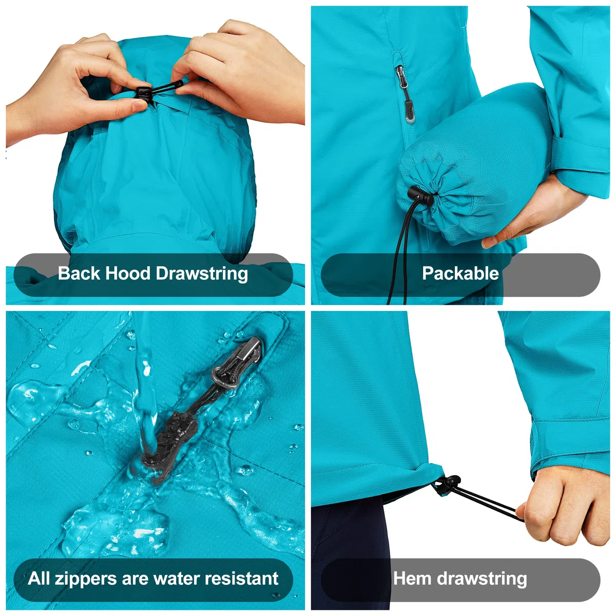 33,000ft Chaqueta impermeable para mujer, chaqueta de entretiempo transpirable, chaqueta ligera con capucha, cortavientos para senderismo, viajes, ciclismo, azul verde, 38