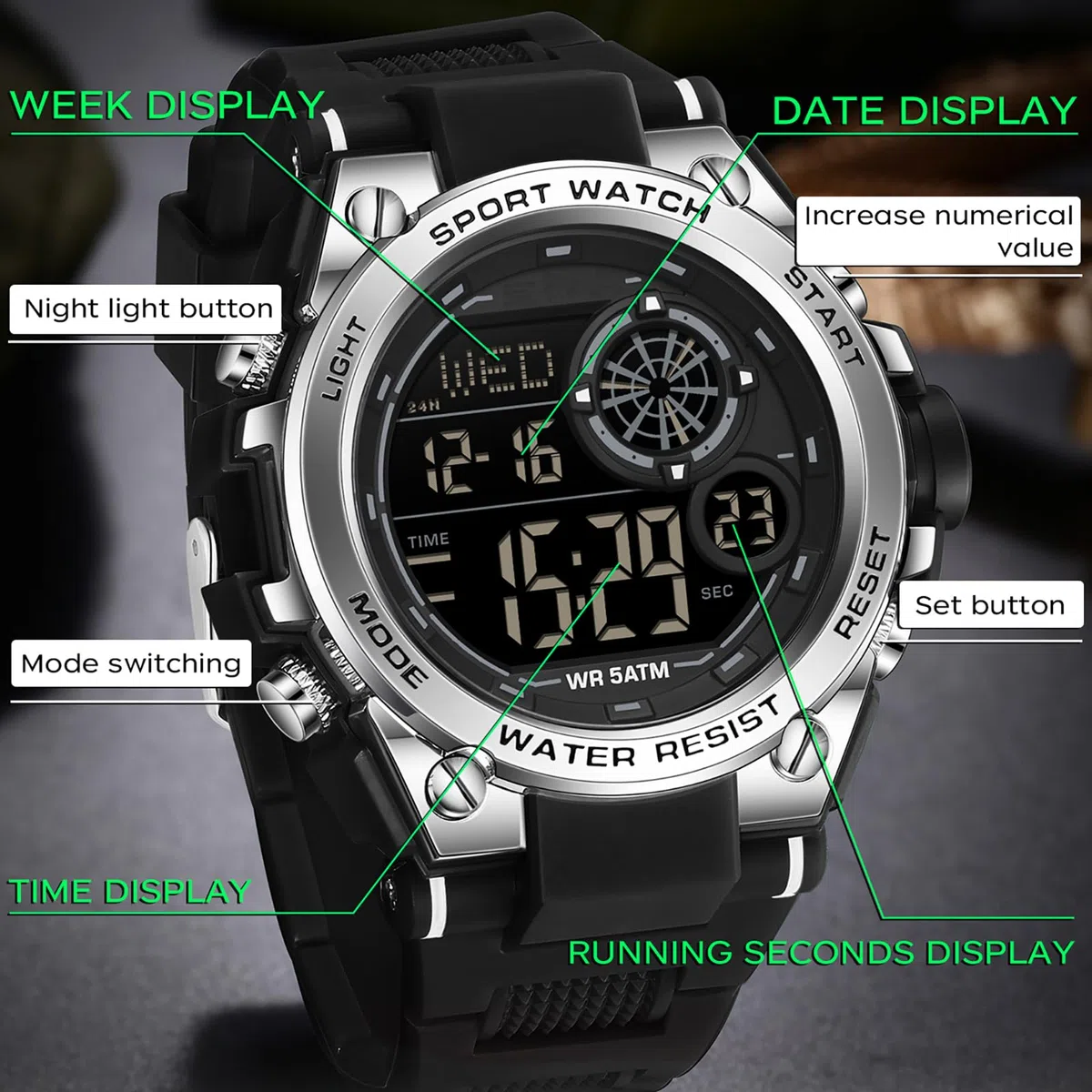 findtime Reloj digital para hombre y niño, militar, deportivo, con temporizador, doble hora, alarma, calendario, cronómetro, resistente a los golpes