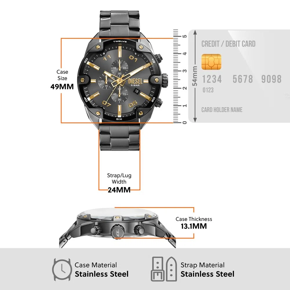 Diesel Reloj Spiked para Hombre, Movimiento cronógrafo de Cuarzo con Correa de Acero Inoxidable