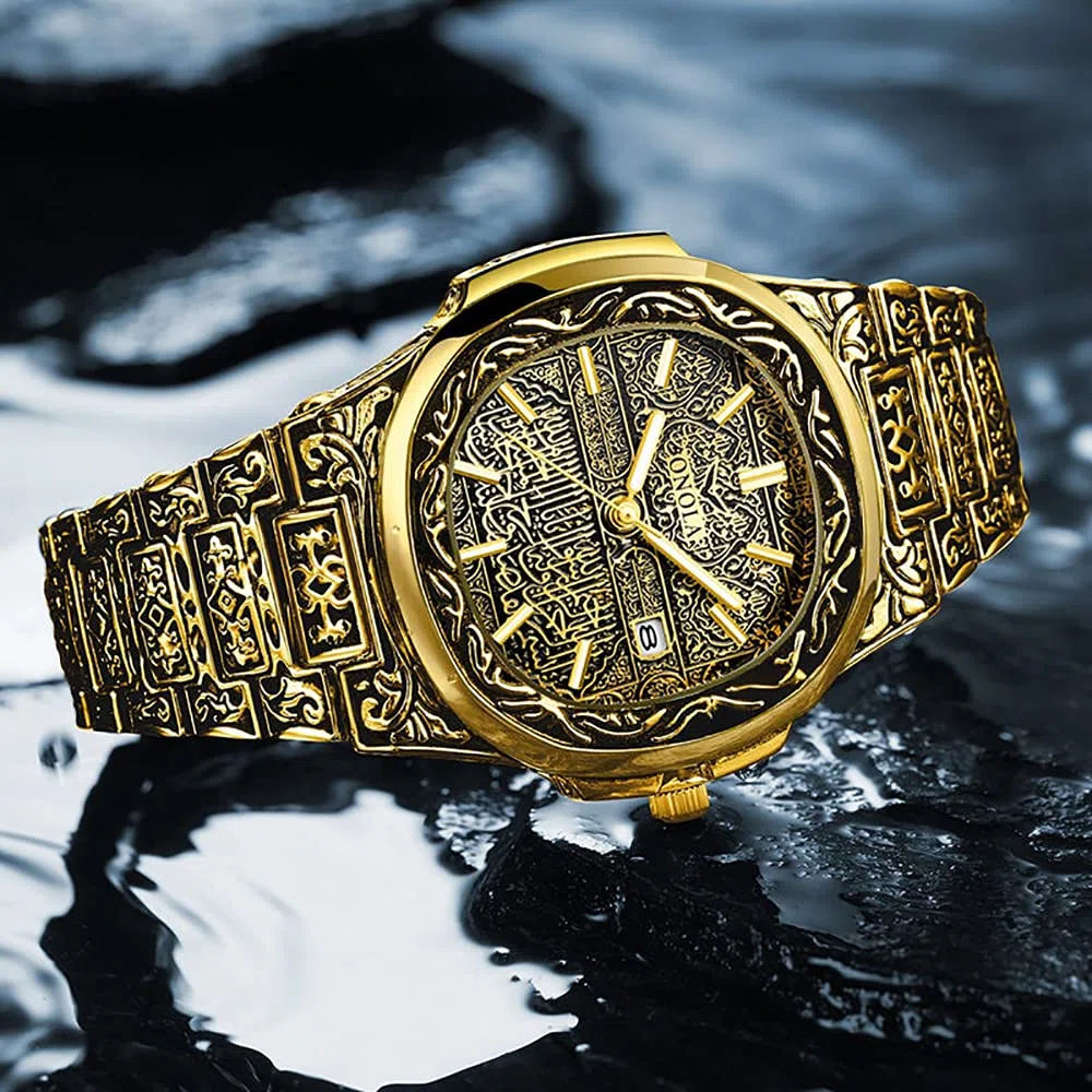 Relojes de cuarzo retro de los hombres con patrón de tatuaje tallado pulsera de acero inoxidable calendario impermeable reloj de pulsera