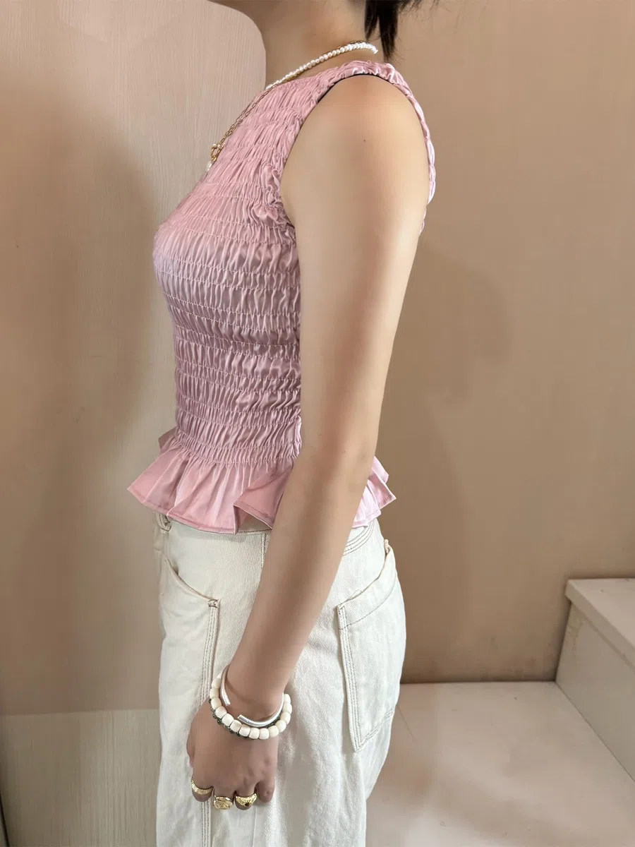 Sexy Outfit Camiseta sin Mangas con Cuello Barco y Dobladillo con Volantes para Mujer, Blusa de Verano Ajustada con Pliegues para Uso Diario Informal