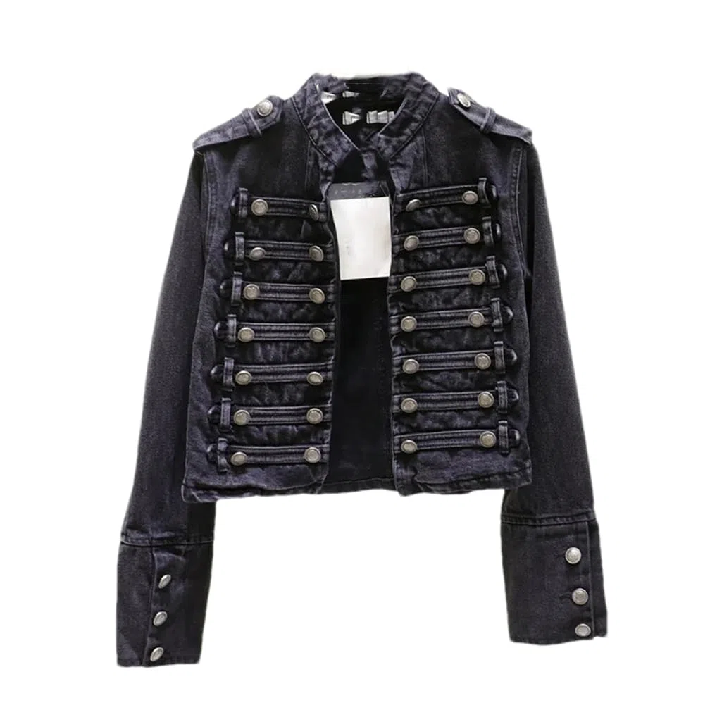 Hndudnff Chaquetas de mezclilla con cuello alto militar para mujer, chaqueta de mezclilla corta de doble botonadura