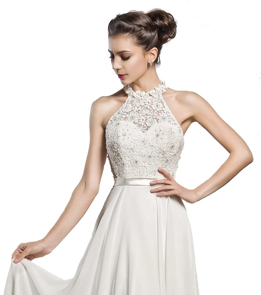 Dinavian - Vestido largo de gasa para mujer, cuello redondo, fiesta, dama de honor, vestido de novia