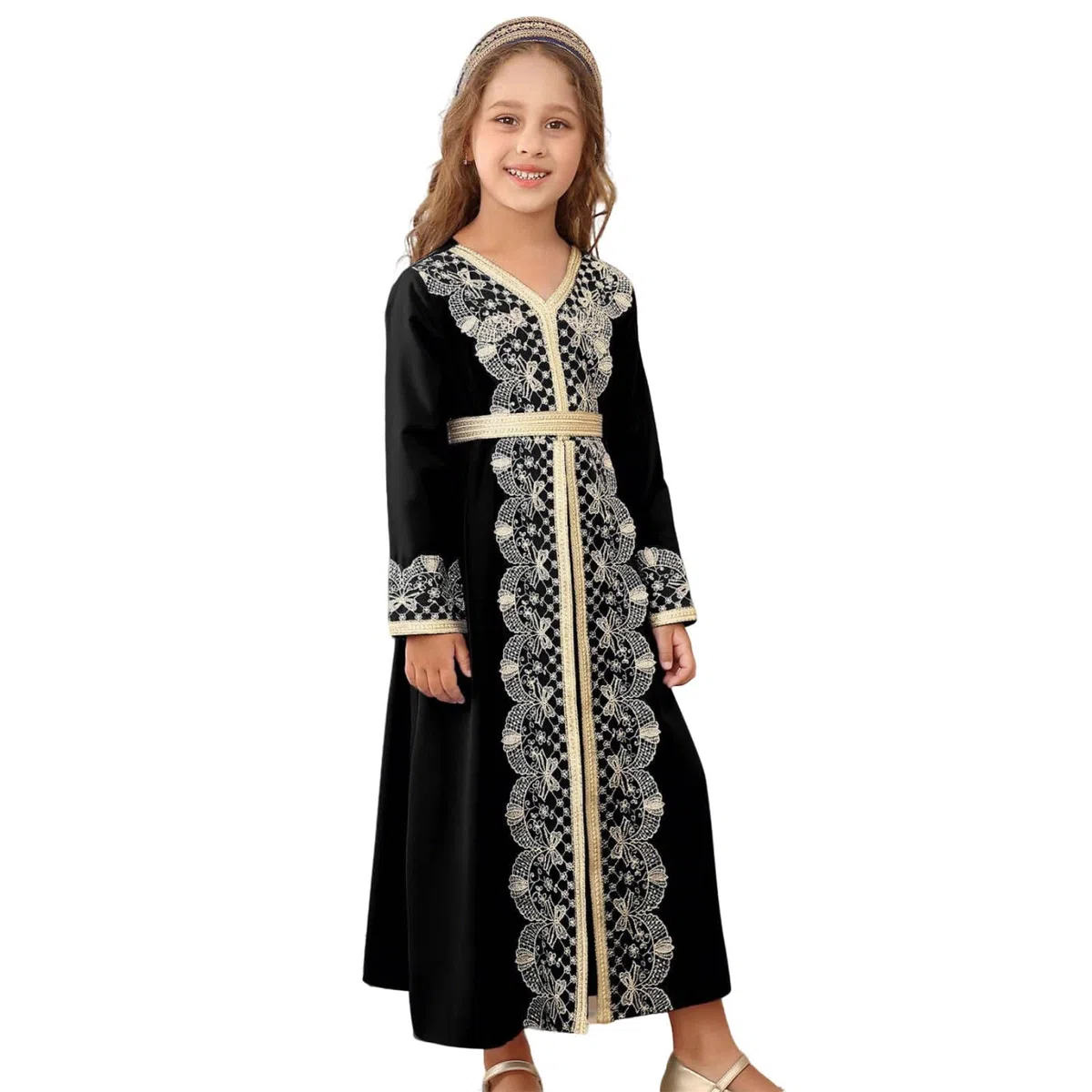 Elegante Vestido Abaya Bordado para niñas, de Fiesta Manga Larga con Ribete Encaje, Punto piqué, Cintura elástica y Volantes, Ideal cumpleaños, Verano Estilo Casual # L