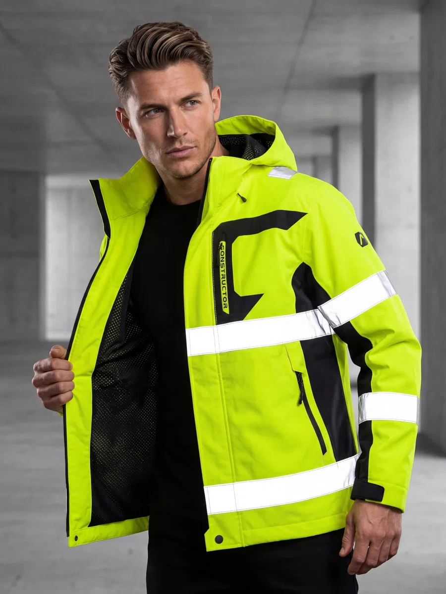 ACE Constructor HiViz Chaqueta impermeable: chaqueta de alta visibilidad impermeable con reflectantes y capucha - Normas EN ISO 20471 y EN 343 - Tallas S a 4XL