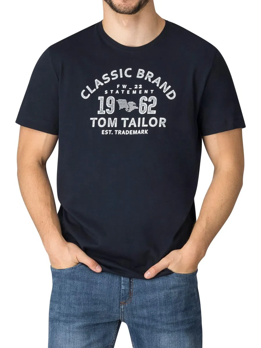 TOM TAILOR Camiseta para hombre, paquete de 4 unidades, cuello redondo, manga corta, corte regular, estampado de verano, 100% algodón, negro, blanco, verde, rojo, azul, gris