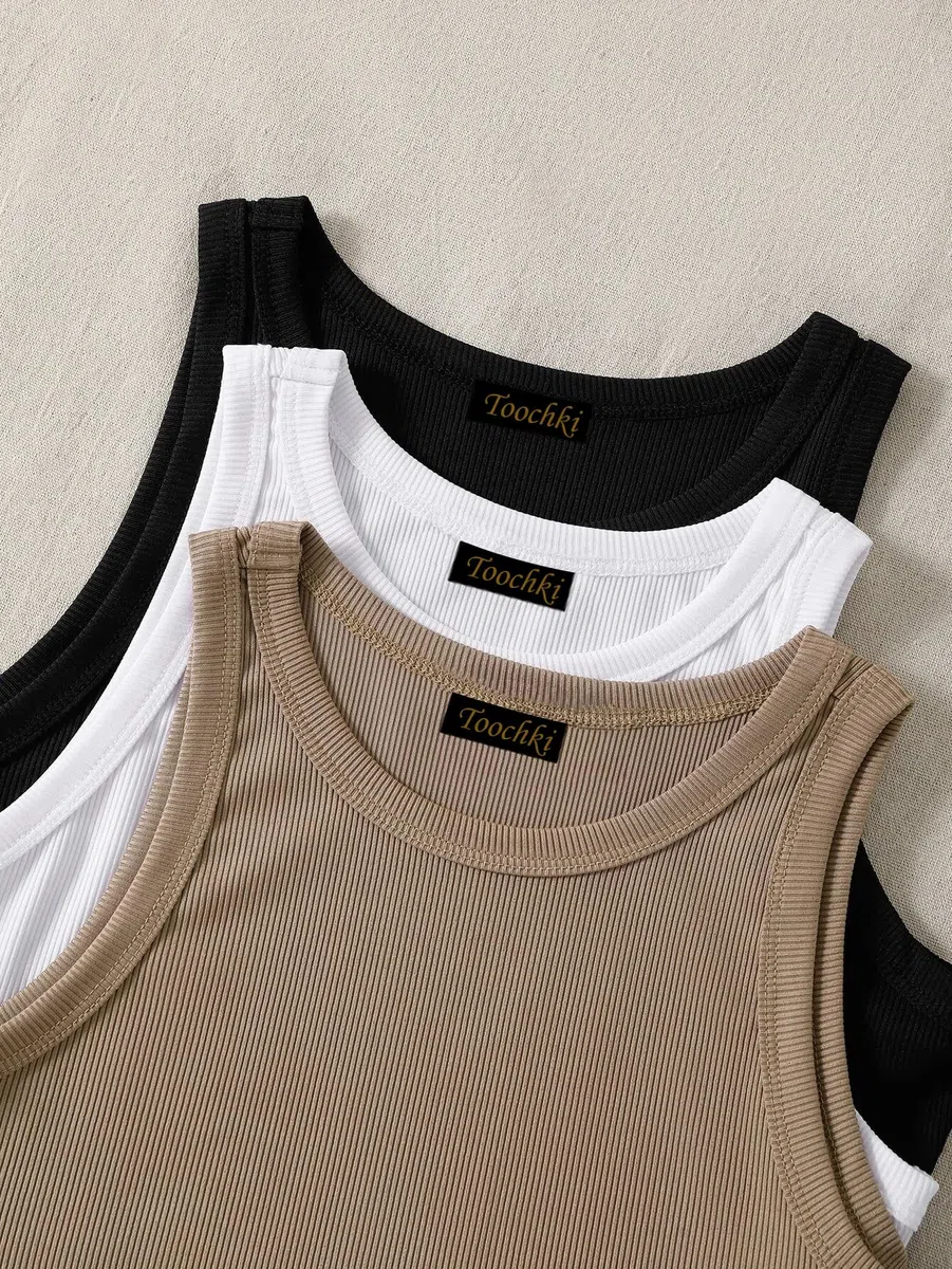Toochki Top para mujer | Tops cortos de elastano | negro, blanco, beige, gris, corto, occidental, paquete de 3 unidades