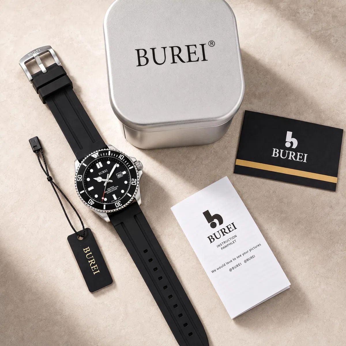 BUREI - Reloj de Buceo para Hombre, Resistente al Agua hasta 200 m, Cuarzo analógico, de Acero Inoxidable, de Moda, clásico, para Trabajo y Negocios, con Fecha automática